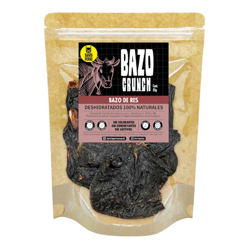 Láminas deshidratadas de bazo de res Santo Perro 30g. Snack natural rico en hierro para fortalecer el sistema inmunológico y la energía canina. Empaque ecológico.