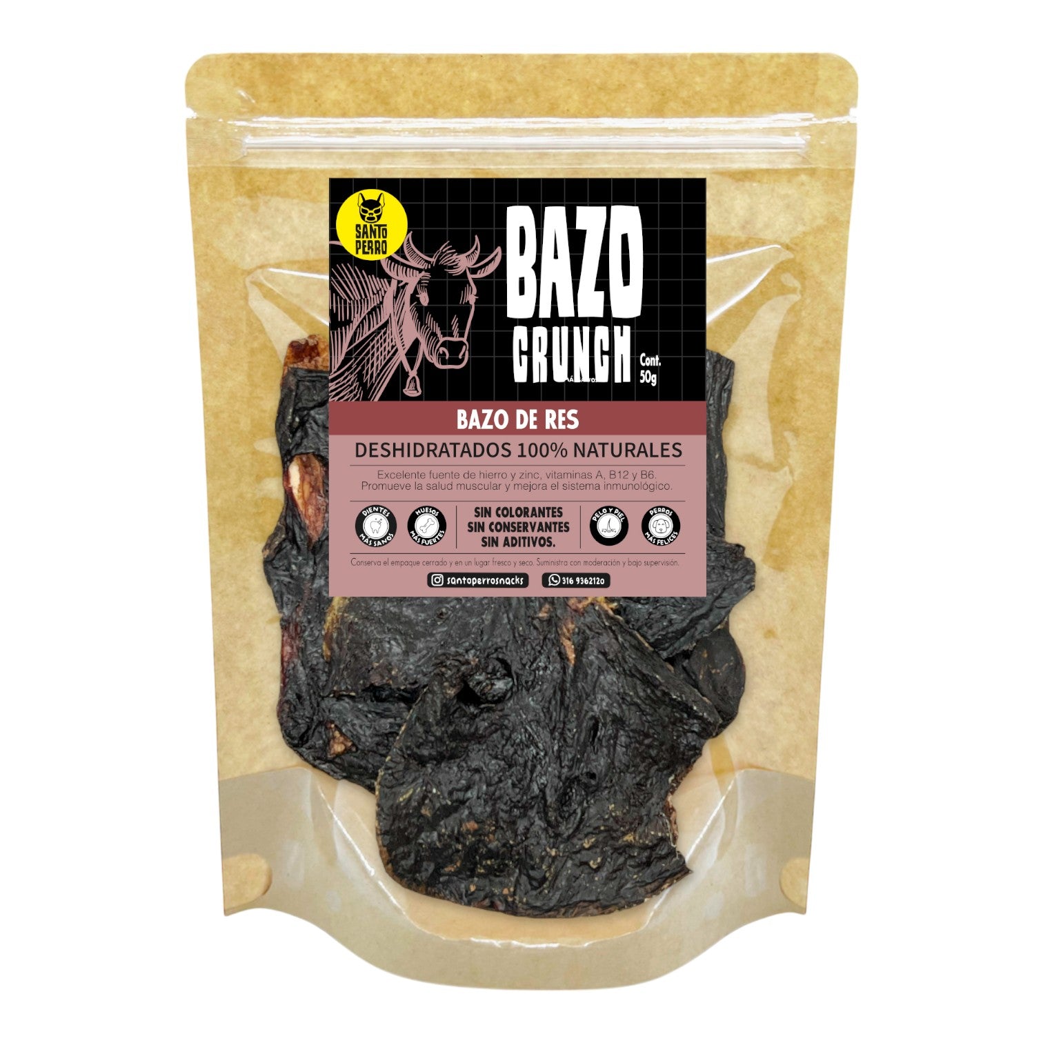 Bazo de res deshidratado para perros. Snack natural con alto valor biológico, ideal para una dieta instintiva. Producto Santo Perro.