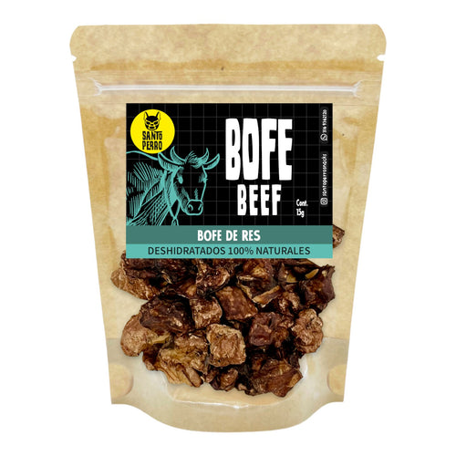 Pulmón de res deshidratado para perros, también conocido como bofe. Snack natural, liviano y sabroso. Producto Santo Perro.
