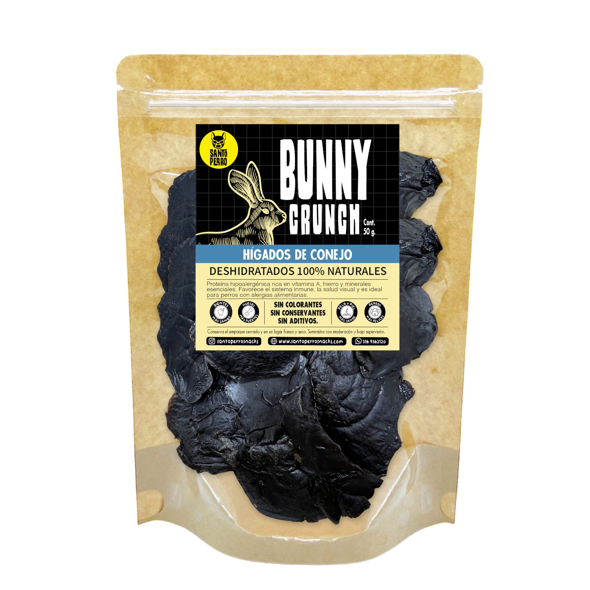 Hígado de conejo deshidratado en láminas crujientes de Santo Perro 50g. Snack hipoalergénico y natural para perros con sensibilidades alimentarias.