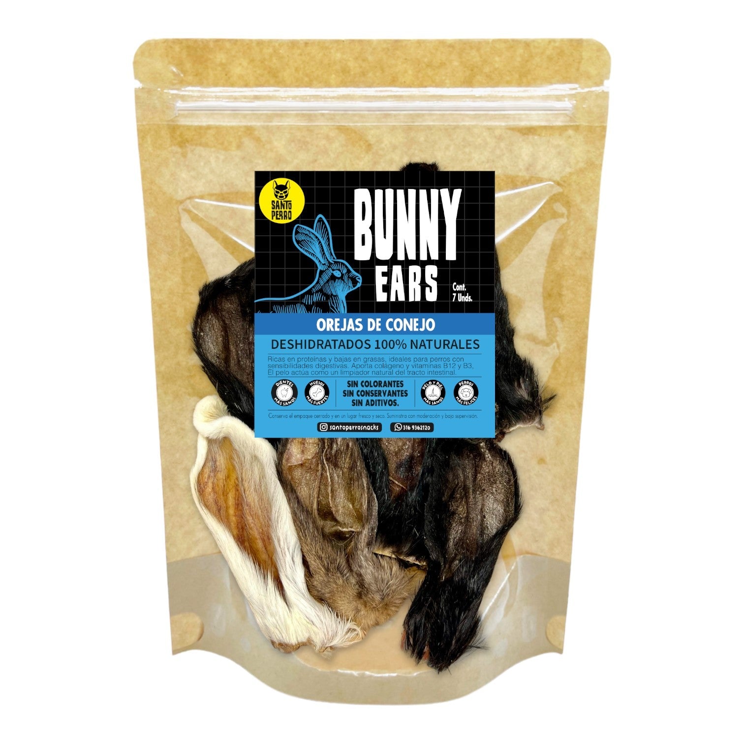 Orejas de conejo con pelo deshidratadas Santo Perro. Snack natural funcional para limpieza digestiva y masticación consciente. 7 unidades en bolsa kraft biodegradable.