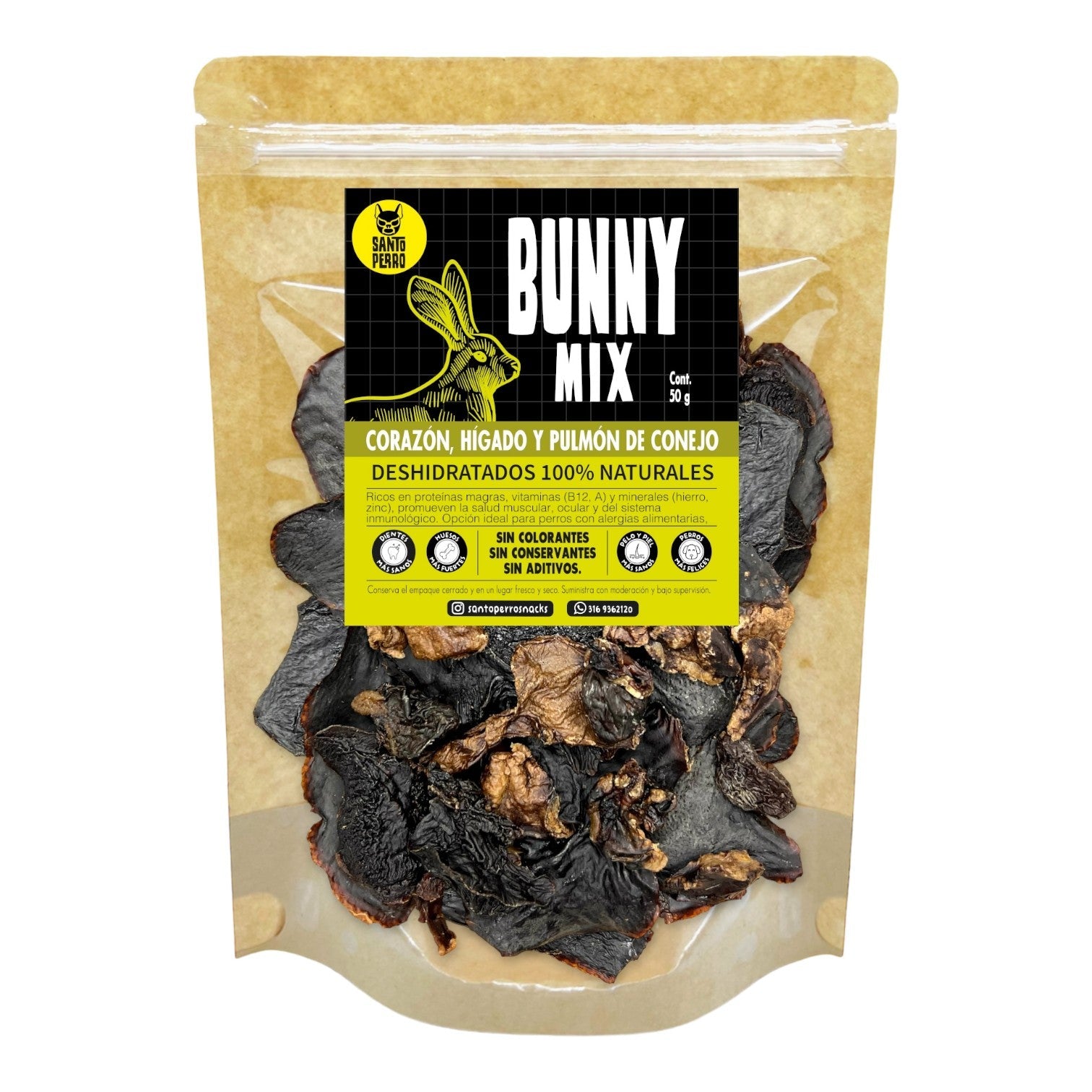 Mix de órganos de conejo deshidratados para perros y gatos Santo Perro 50g. Snack hipoalergénico con texturas variadas rico en hierro y vitaminas esenciales. Empaque ecológico.