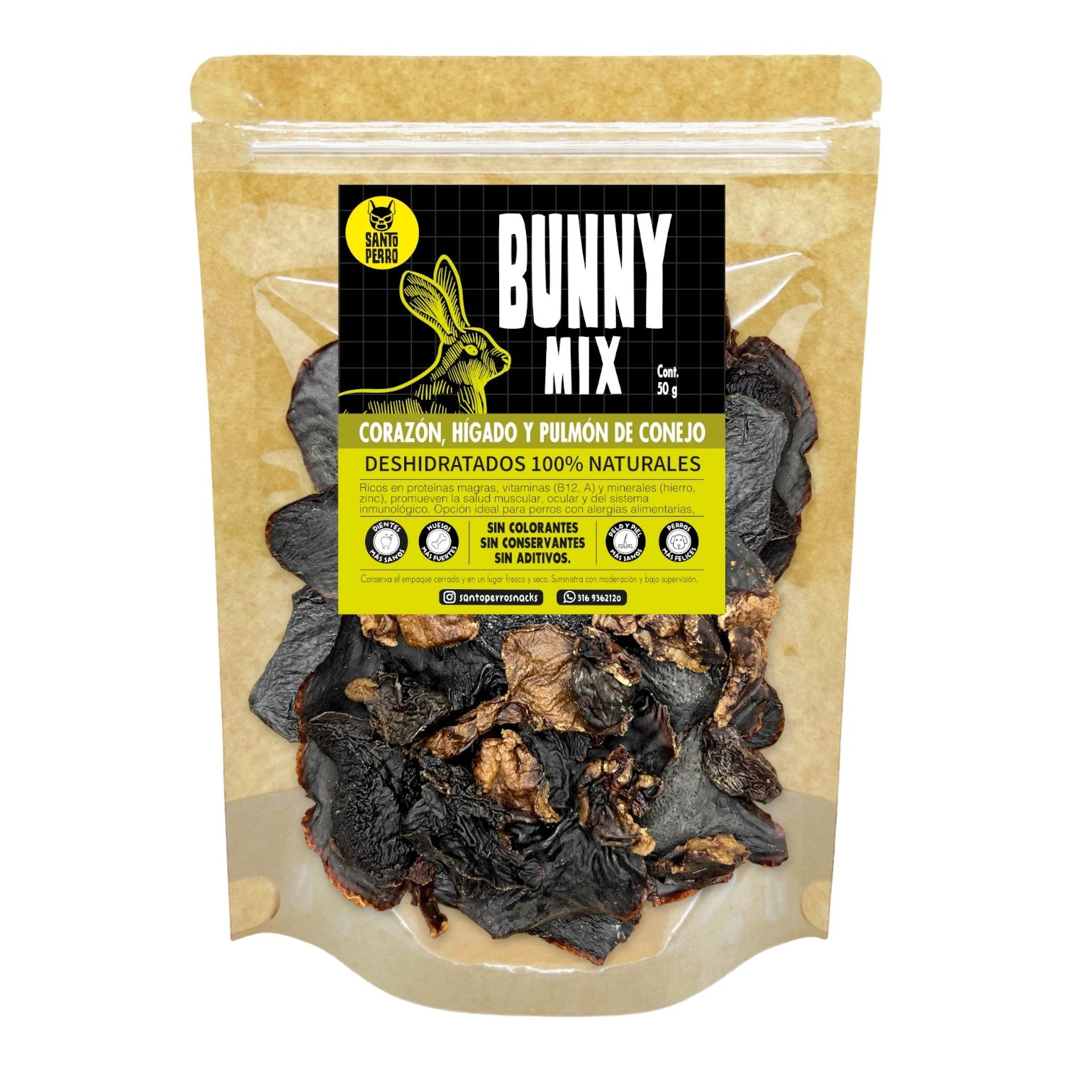 Mix de órganos de conejo deshidratados para perros: corazón, riñón, hígado y pulmón. Snack natural e hipoalergénico. Santo Perro.