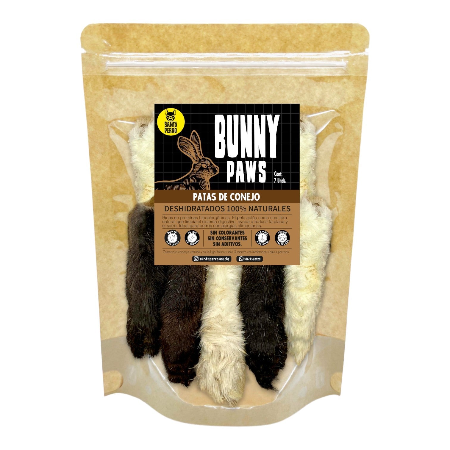Patas de conejo deshidratadas con pelo para perros Santo Perro. Snack hipoalergénico y funcional para limpieza digestiva y refuerzo de colágeno. 7 unidades en empaque ecológico.