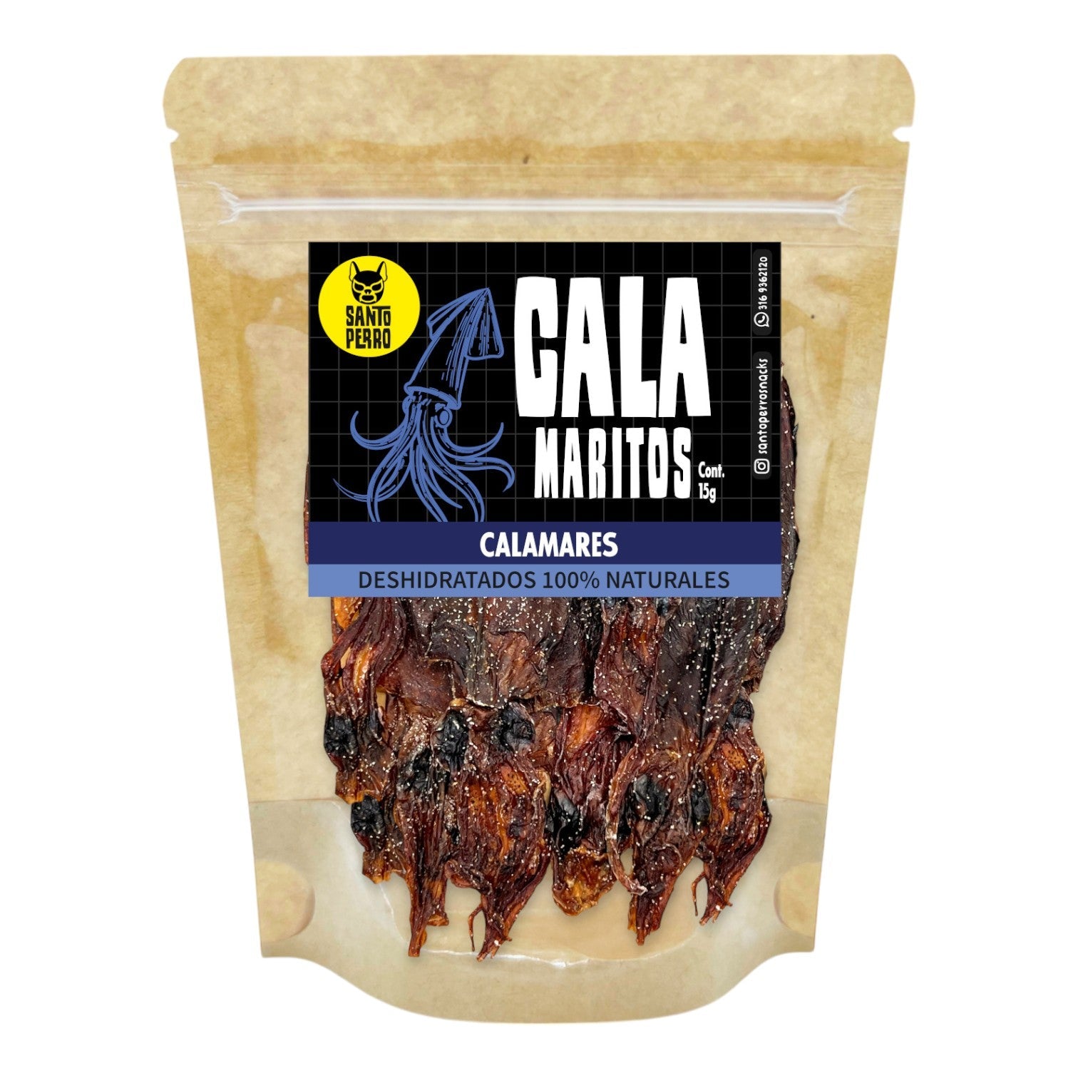 Pequeños calamares deshidratados para gatos Santo Perro 15g. Snack natural rico en taurina y omega-3 para salud visual y cardíaca. Empaque biodegradable.