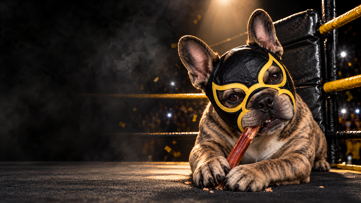 Bulldog francés con máscara de luchador masticando un Bully Stick de Santo Perro en un ring