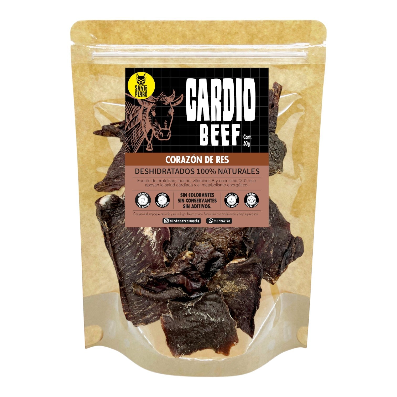 Láminas deshidratadas de corazón de res Cardio Beef de Santo Perro 50g. Snack funcional rico en taurina para salud cardíaca y muscular. Empaque biodegradable.