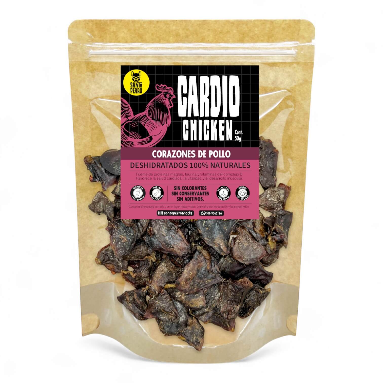 Corazones de pollo deshidratados de Santo Perro 50g. Snack natural rico en taurina para la salud del corazón y la vista en perros y gatos.