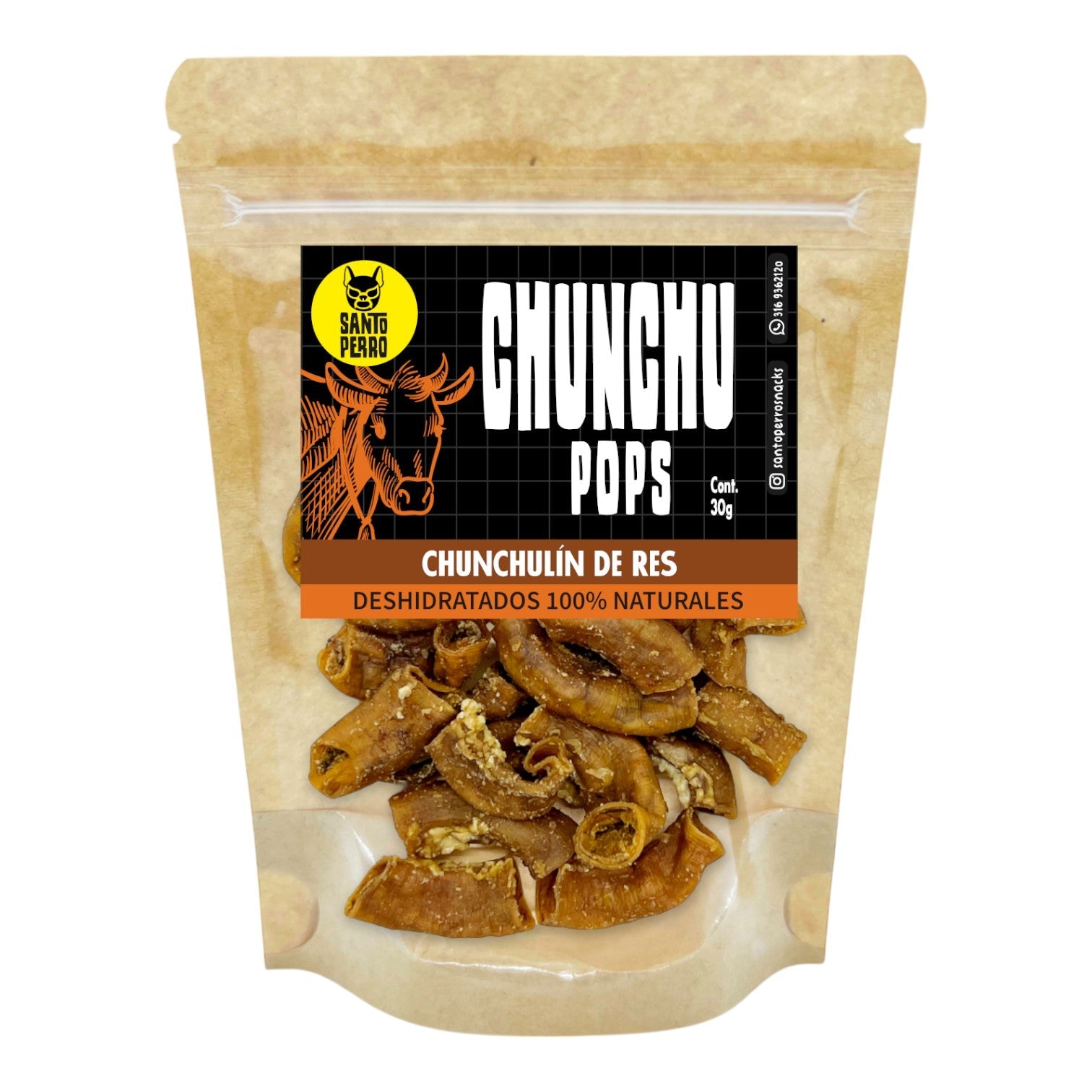 Trozo de chunchullo de res deshidratado Chunchu Pops de Santo Perro 30g. Snack natural crocante y altamente palatable para perros. Empaque ecológico y biodegradable