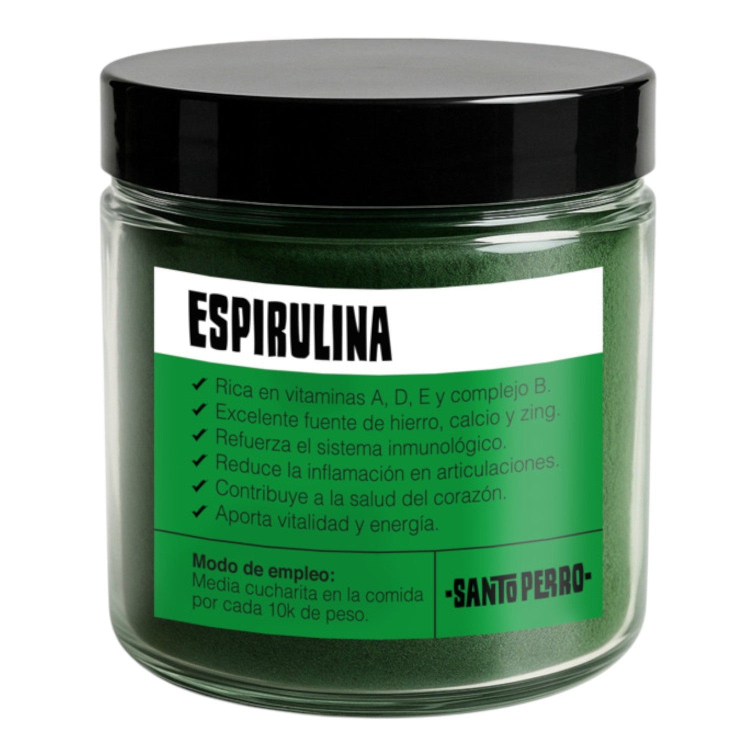Espirulina pura en polvo de Santo Perro 30g. Suplemento nutricional verde para fortalecer el sistema inmunológico y la masa muscular en mascotas.