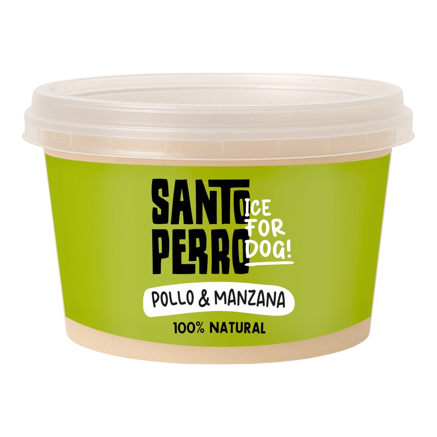 Helado natural de pollo y manzana para perros Santo Perro 150g. Elaborado con caldo de huesos artesanal, pechuga desmechada y trozos de manzana fresca.