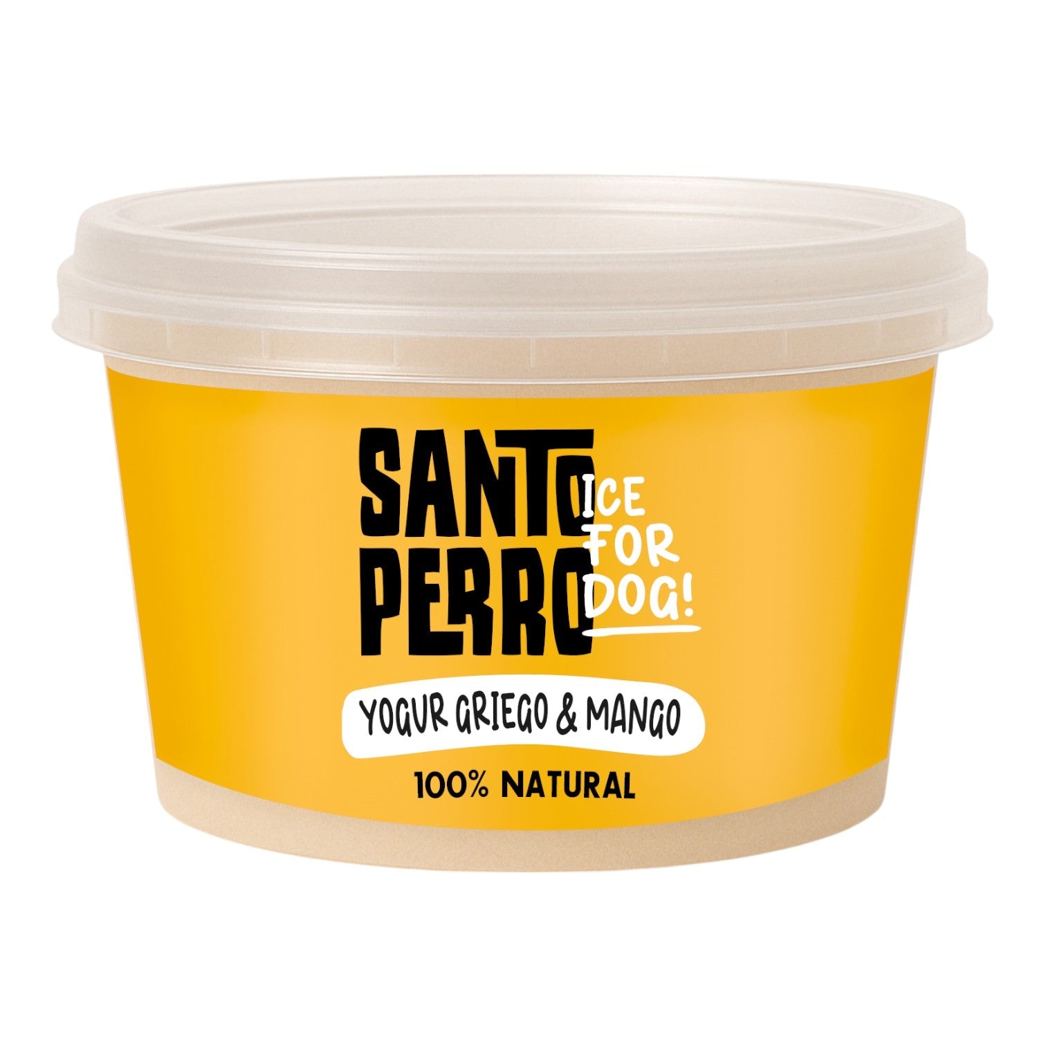 Helado natural de yogur griego y mango para perros Santo Perro 150g. Snack funcional con probióticos y fruta real para salud intestinal y refrescancia.