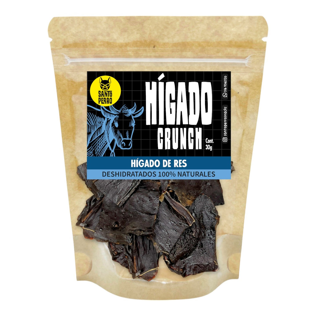 Láminas finas de hígado de res deshidratado Santo Perro 30g. Snack natural de alto valor biológico rico en vitaminas para el sistema inmune y energía.