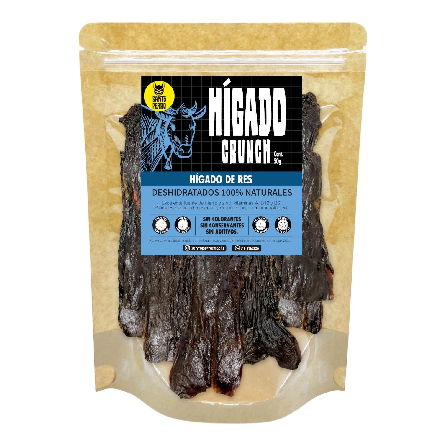 Láminas finas de hígado de res deshidratado Santo Perro 30g. Snack natural de alto valor biológico rico en vitaminas para el sistema inmune y energía.