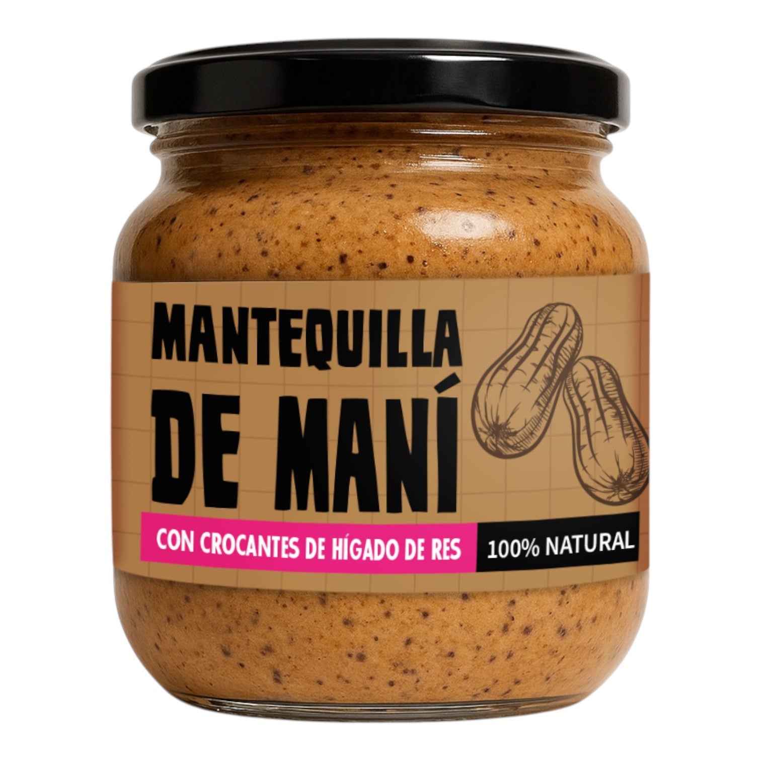 Mantequilla de maní natural con trozos de hígado de res deshidratado Santo Perro 180g. Untable para perros y gatos ideal para enriquecimiento ambiental y juguetes rellenables.