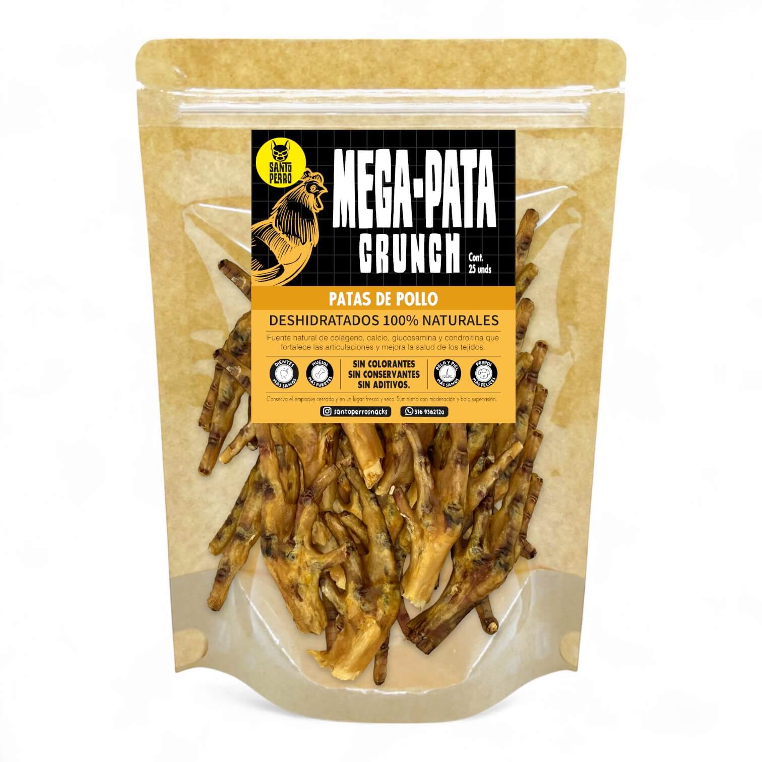 Pack de 25 patas de pollo deshidratadas crujientes de Santo Perro. Snack natural rico en colágeno y condroprotectores para perros de todos los tamaños.