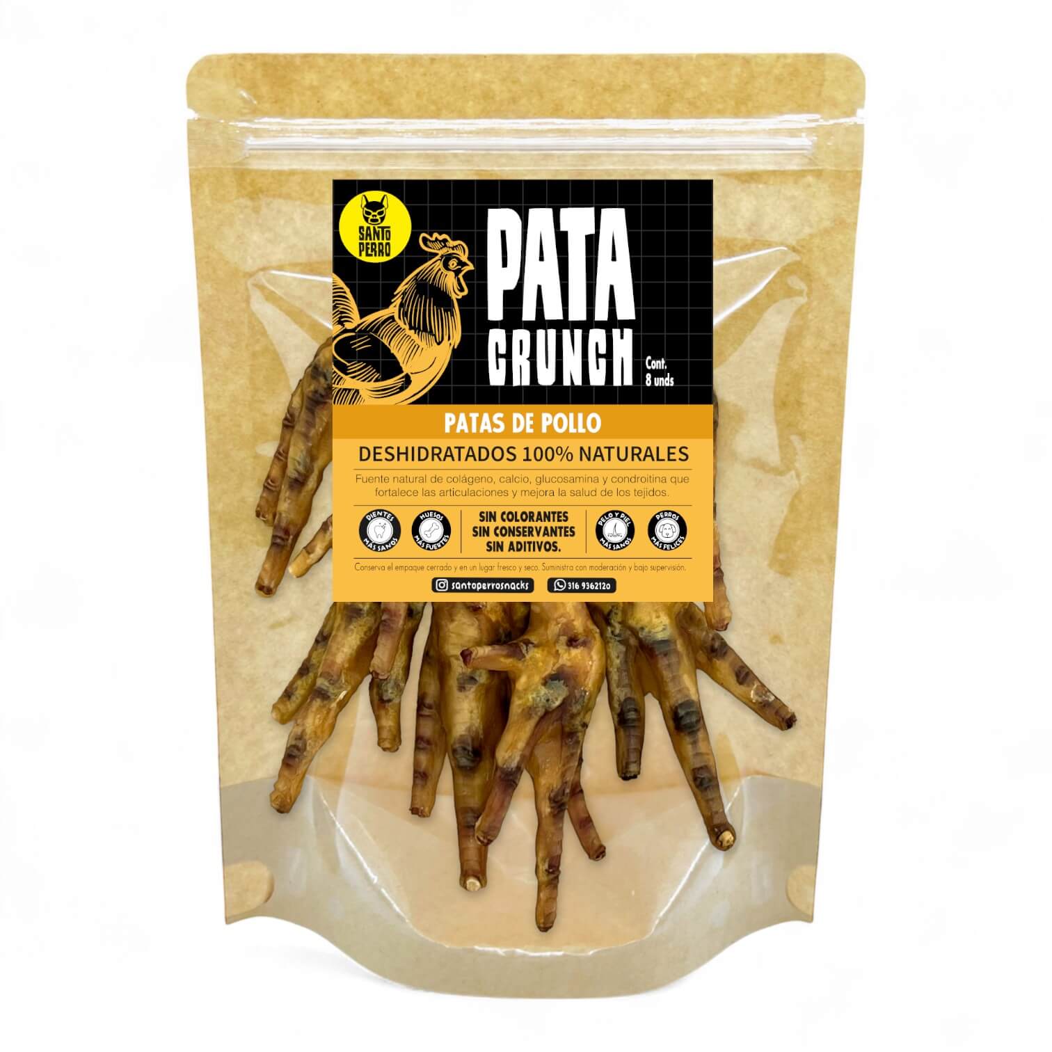 Patas de pollo deshidratadas Santo Perro (8 unidades). Snack natural crujiente y seguro, libre de uñas, ideal para el cuidado de las articulaciones.