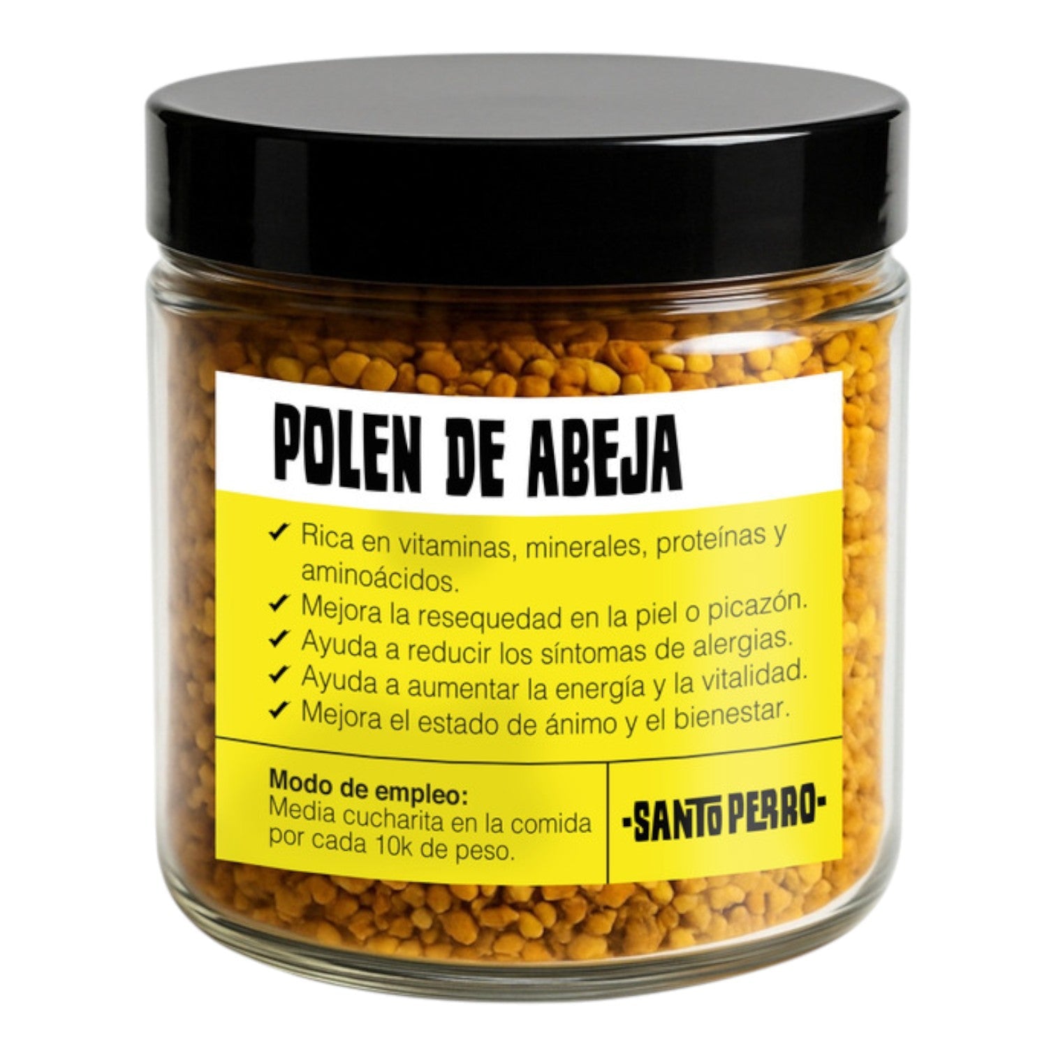 Polen de abeja natural para perros y gatos Santo Perro 30g. Suplemento alimenticio rico en vitaminas B, zinc y antioxidantes para fortalecer defensas y energía.