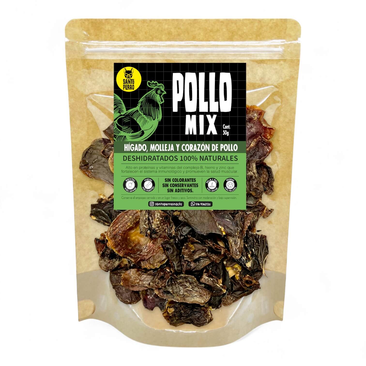 Mezcla de órganos de pollo deshidratados (corazón, hígado y molleja) de Santo Perro 50g. Snack natural multivitamínico para perros y gatos.