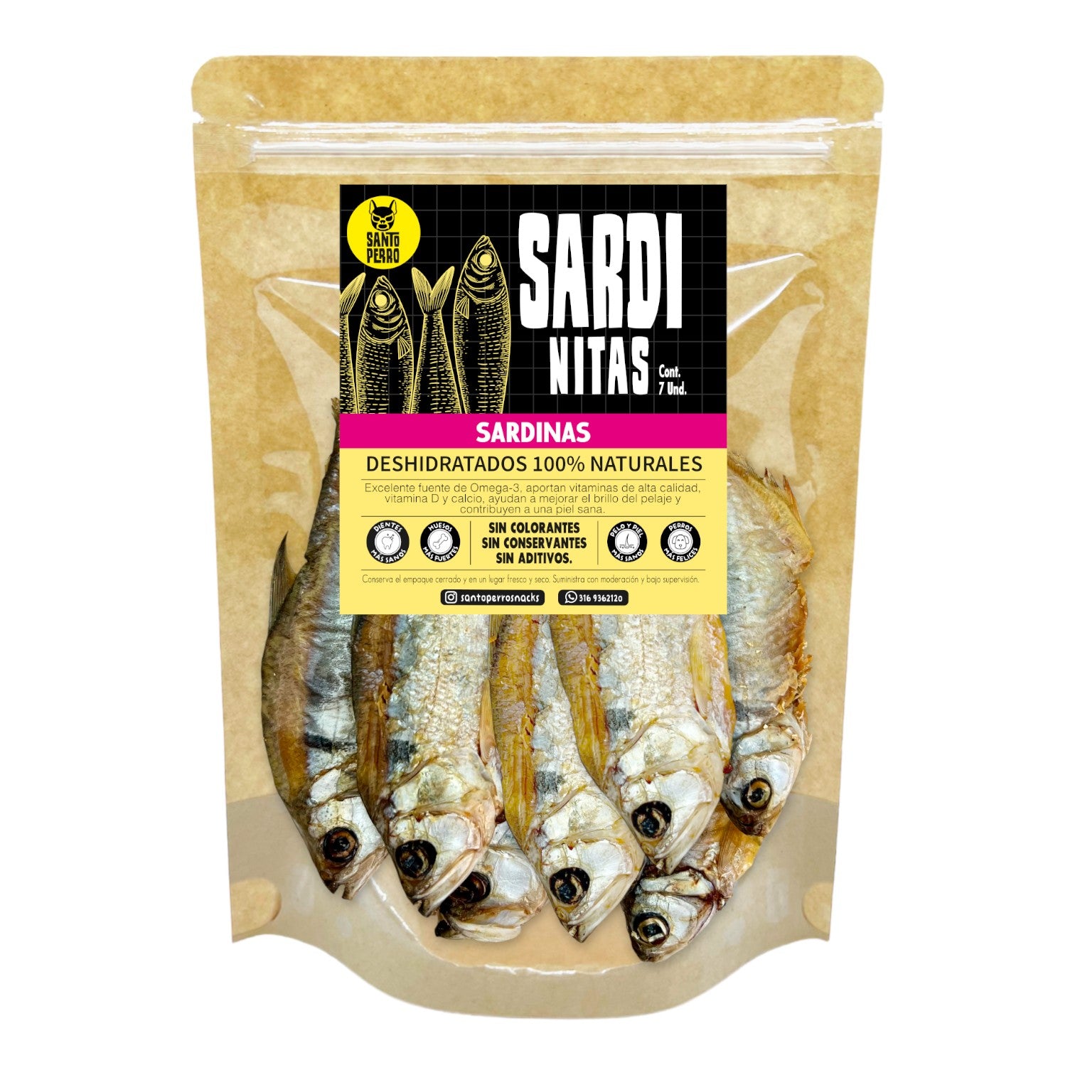 Sardinas pequeñas deshidratadas para perros y gatos. Fuente natural de omega 3. Snack saludable de Santo Perro.
