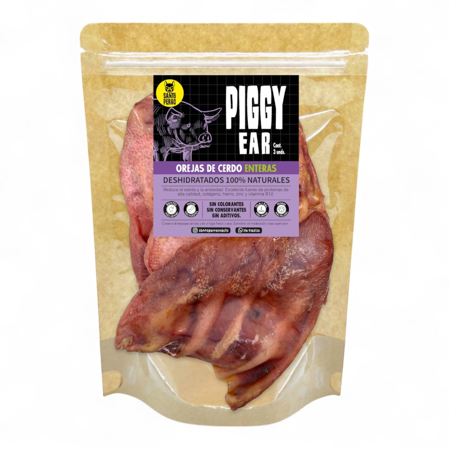Orejas de cerdo deshidratadas enteras para perros. Snack natural, sabroso y entretenido para masticar. Producto Santo Perro.