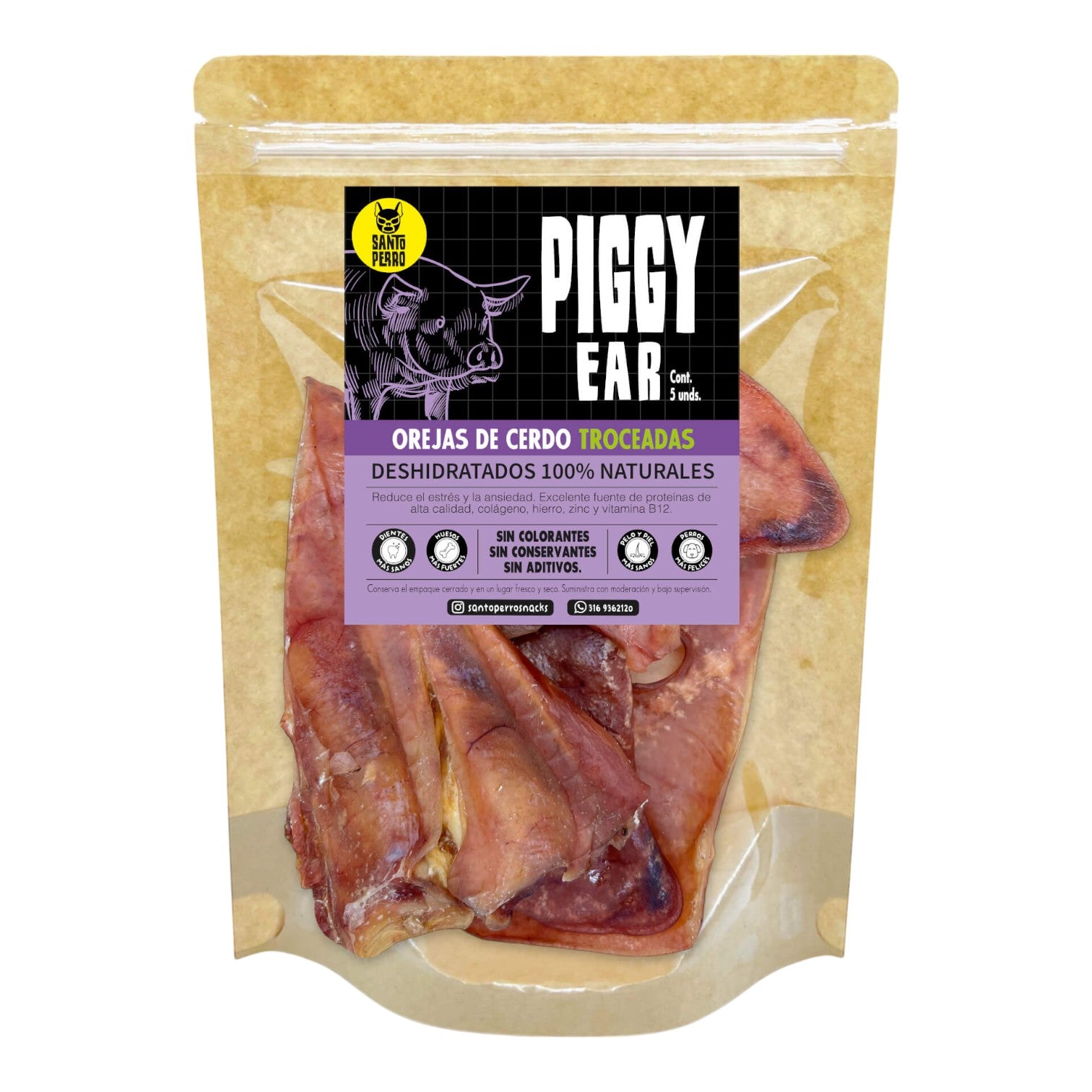 Orejas de cerdo deshidratadas en trozos para perros. Snack natural ideal para porcionar, sabroso y resistente. Producto Santo Perro.
