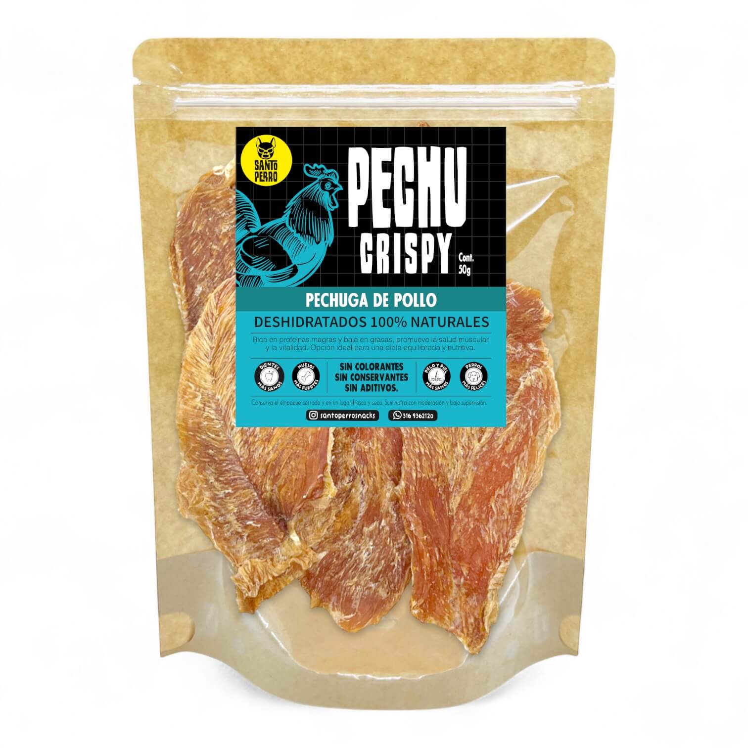 Pechuga de pollo deshidratada para perros. Alta en proteína, natural y crocante. Producto Santo Perro.
