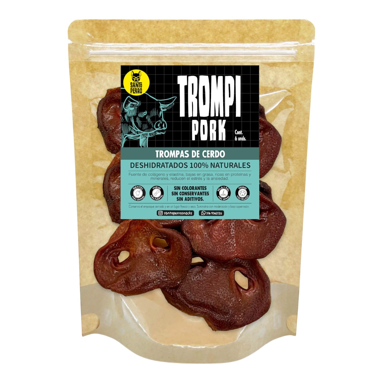 Trompas de cerdo deshidratadas para perros. Snack natural, alto en colágeno y con textura firme para masticar. Producto Santo Perro.
