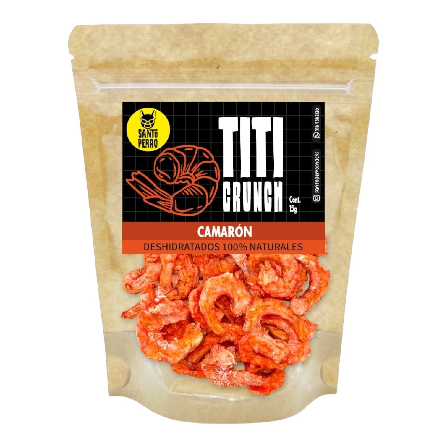 Camarones pequeños deshidratados Titi Crunch para gatos Santo Perro 15g. Snack natural rico en taurina para salud cardíaca y visual felina. Empaque ecológico.