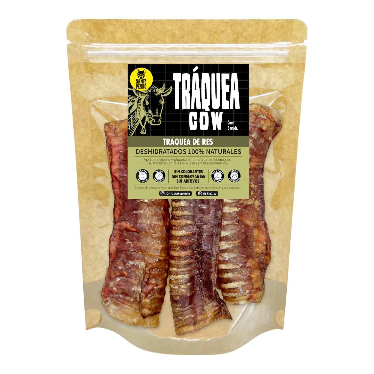Tráquea de res entera deshidratada para perros. Snack natural, ideal para entretener y cuidar las articulaciones. Producto Santo Perro.