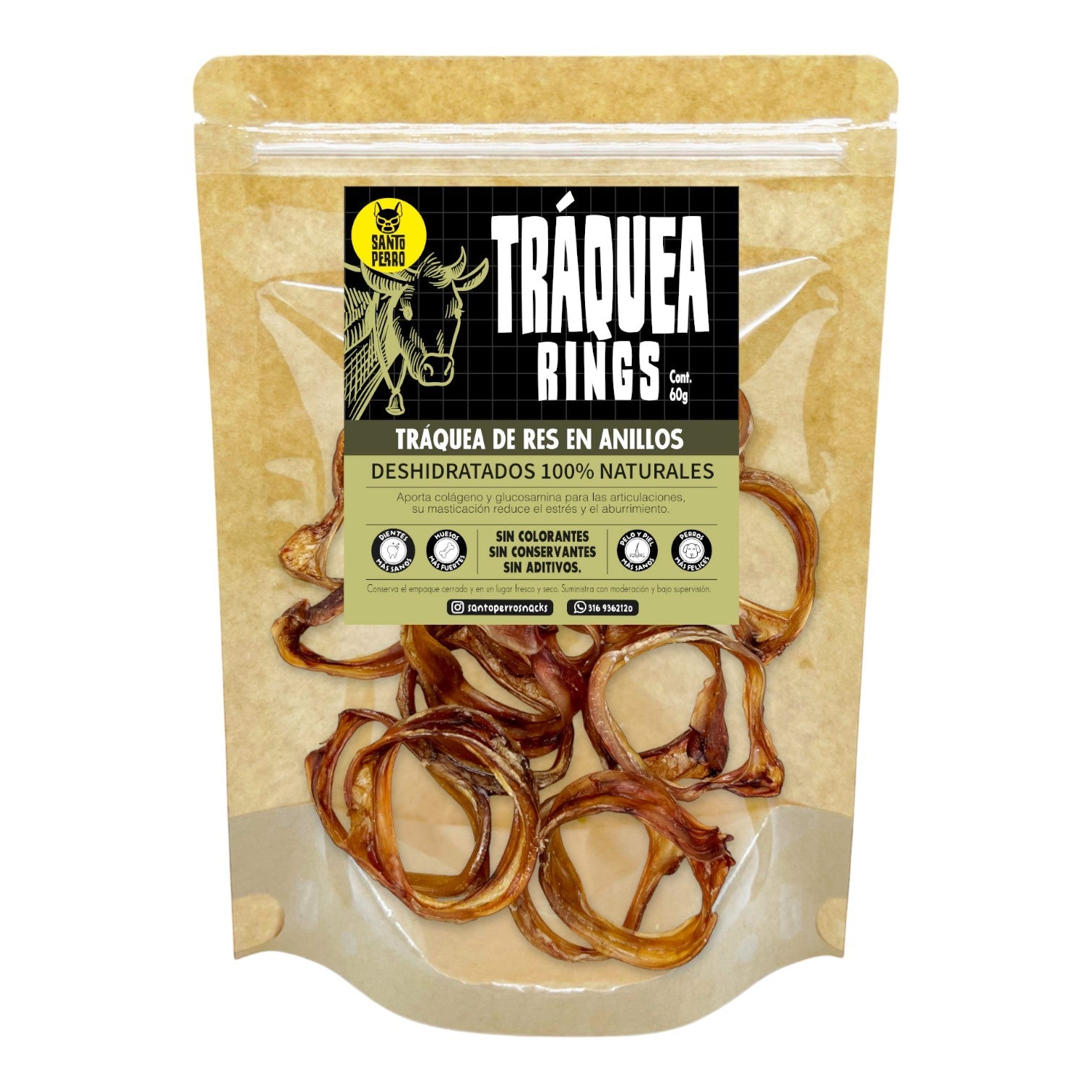 Anillos de tráquea de res deshidratados Santo Perro 60g. Snack natural rico en colágeno y condroprotectores para la salud articular de perros. Empaque ecológico.