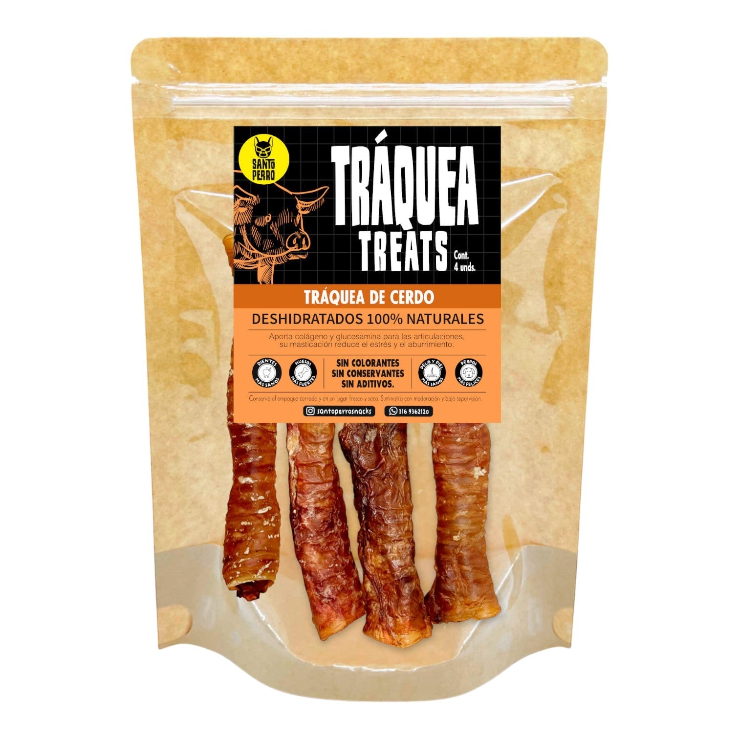 Tráqueas de cerdo deshidratadas Santo Perro (4 unidades). Snack natural hueco y crujiente, rico en colágeno para salud articular y entretenimiento mental.