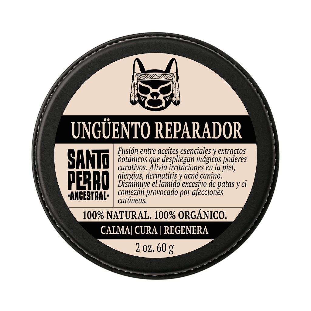 Ungüento reparador natural 60g Santo Perro. Bálsamo cicatrizante y antifúngico para perros y gatos con aloe vera, rosa mosqueta y caléndula. Tratamiento para dermatitis y heridas.