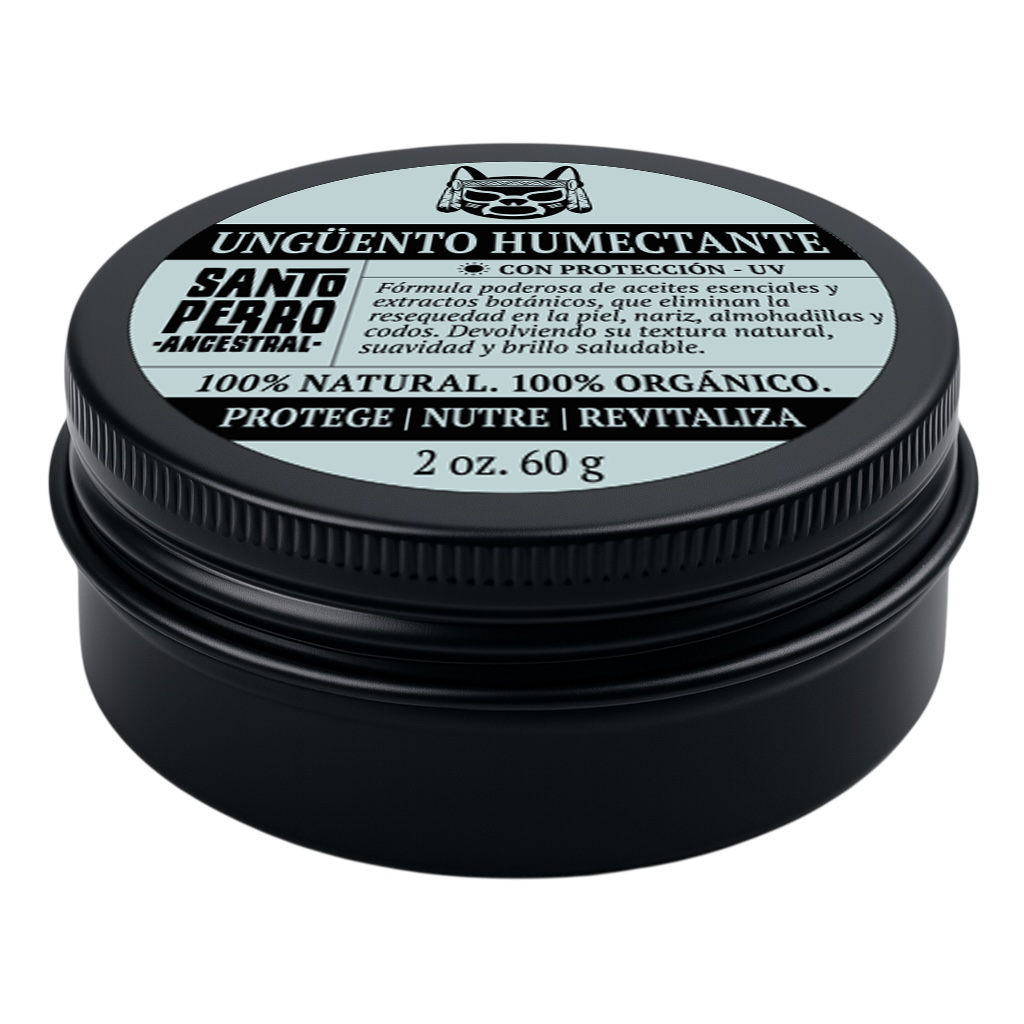 Ungüento hidratante 100% natural de Santo Perro para perros y gatos. Fórmula con cera de abejas, mantecas y aceites vegetales que hidratan, suavizan y protegen la piel de forma preventiva. Envase redondo metálico sobre fondo neutro.