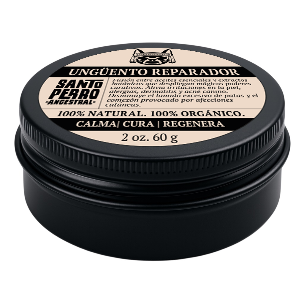 Ungüento reparador natural 60g Santo Perro. Bálsamo cicatrizante y antifúngico para perros y gatos con aloe vera, rosa mosqueta y caléndula. Tratamiento para dermatitis y heridas.